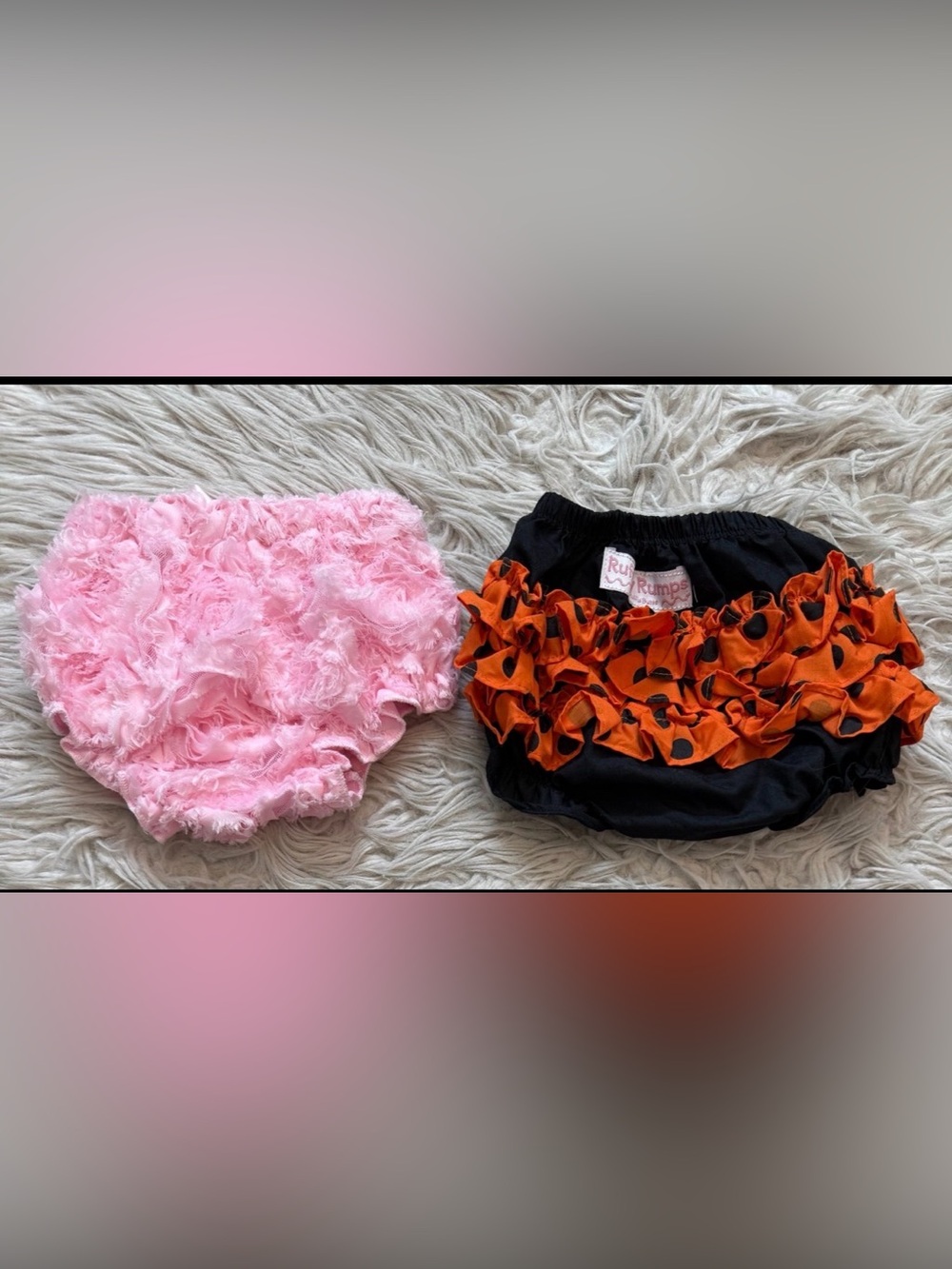 Ruffle diaper covers 0 - 6M.  One pink & one Halloween themed!